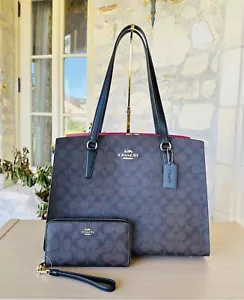 Borsa COACH Tatum Carryall/portafoglio con cerniera firma tela e pelle marrone nero nuova con etichette - Foto 1 di 40