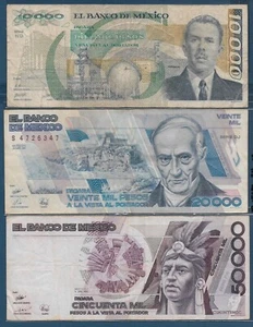 Mexico 10000 20000 50000 Pesos Lot, 1988 89 90, P 90b 92b 93b, See Description - Picture 1 of 2