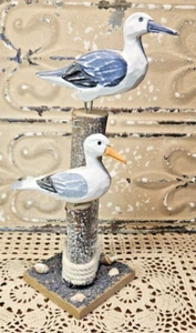 Wooden Sea Gulls Shore Birds on Pier Posts Nautical Décor 11” Tall w/ Seashells - Picture 1 of 9