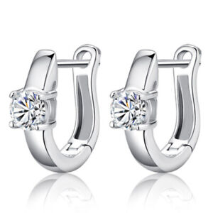 Ladies 925 Sterling Silver Zircon Crystal U Type Huggie Hoop Ear Clip Earrings