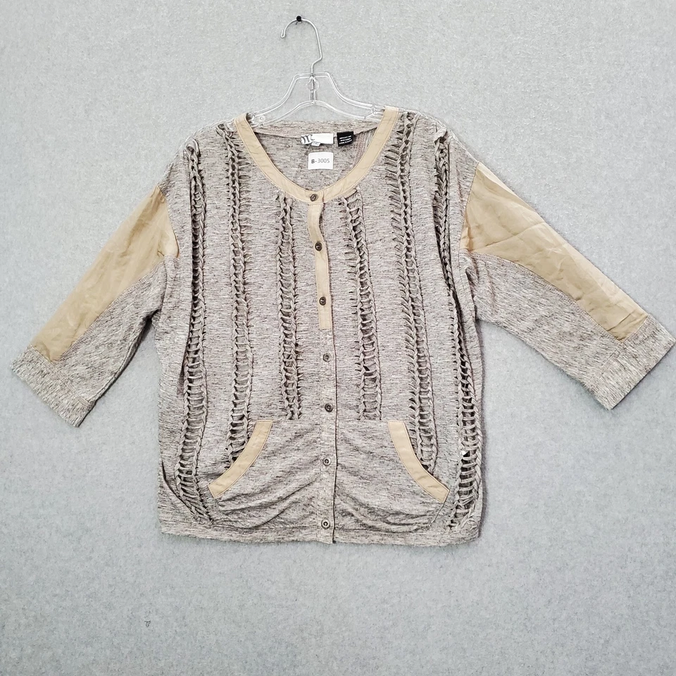 Miss Me Women Sweater M Gray Silk Cardigan Boho 3/4 Sleeve Open Back Kitschy Foto 1 de 4