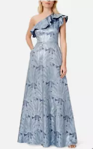 Aidan Mattox NWT Slate Blue Floral Ruffle One Shoulder Maxi Gown Dress Size 8 - Picture 1 of 16