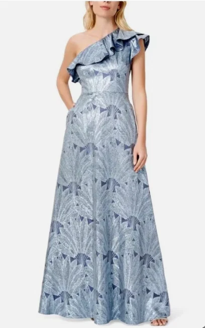 Vestido maxi Aidan Mattox novo com etiquetas ardósia azul floral babado um ombro tamanho 8 - Imagem 1 de 4