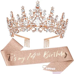 14th Birthday Decorations for Girls Rose Gold Birthday Sash and Tiara for Gir... - Picture 1 of 7