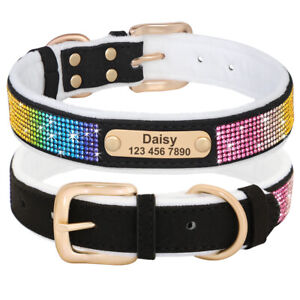 Soft Fleece Padded Pet Cat Dog Collars Suede Personalized Name Bling Rhinestones
