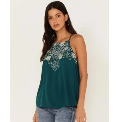 Camiseta sin mangas Sombra de ojos bordada Boho Floral Correa de espagueti Halter Cami Talla S Foto 1 de 4