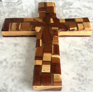 Mosaik Holz Epoxid Wand Kreuz Christlich Religiös Dekor Kunst Organisches Design 10" HT - Bild 1 von 19