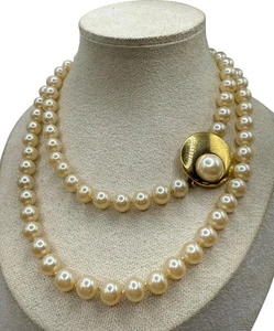 Vintage 50’s Glass Faux Pearls Necklace Individually Knotted Statement Clasp 8mm - Picture 1 of 7