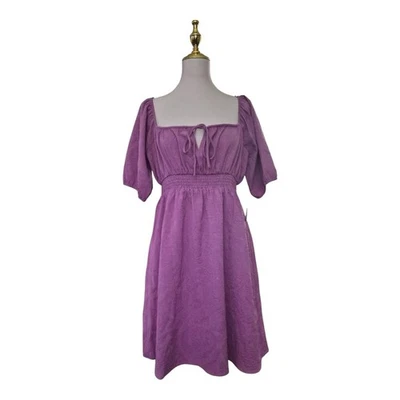 ModCloth Purple Puff Sleeve Square Neck Midi Dress Size M NWT Smocked Waist  - Image 1 of 4