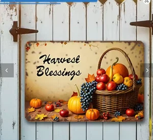 Rustic Fall Harvest Wishes Metal Sign Basket Pumpkin Apple Leaves Wall Decor - Picture 1 of 1