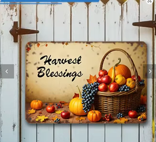 Rustic Fall Harvest Wishes Metal Sign Basket Pumpkin Apple Leaves Wall Decor - Image 1 of 1