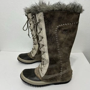 SOREL Cate the Great Tall Faux Fur Leather Waterproof Winter Boots Stone Sz 8 - Picture 1 of 10