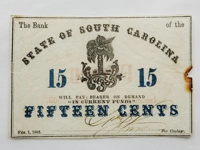 1863 The Bank of the State of South Carolina, Fractional Currency 15 cents - Image 1 of 4