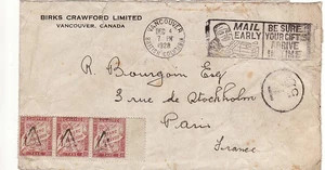 Canada to France VANCOUVER BC GV Unfranked Postage Due SANTA CLAUS Slogan 1928 - Picture 1 of 1