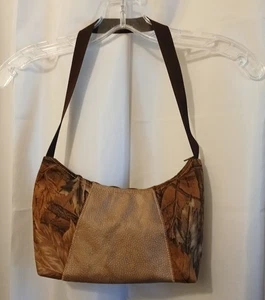 New Canvas Vinyl Camo Top handle Shoulder Bag Purse Brown Crescent Baguette - Picture 1 of 9