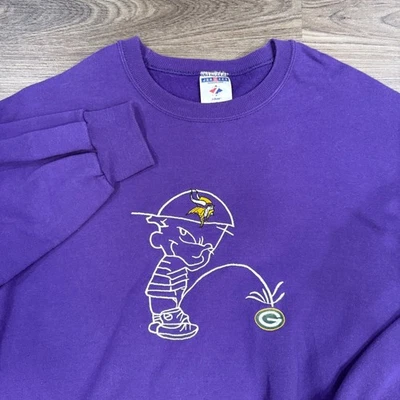 Vtg Jerzees Calvin Hobbes Minnesota Vikings Sweatshirt Cartoon Green Bay Packers - Image 1 of 4