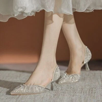 Women Faux Peral Rhinestones Wedding Pumps 6Cm Pointed Toe High Heels Shoes New - Image 1 of 4