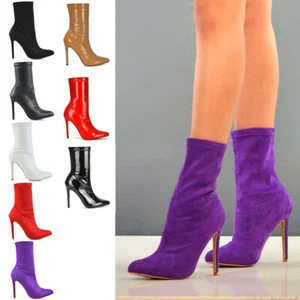 Botas al tobillo para mujer de tacón alto para damas con punta elástica con cremallera talla 3-8 - Imagen 1 de 25