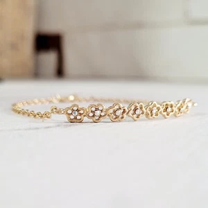 18K Gold Plated Romantic floral Crystals Chain Bracelet Israel made 7.5" long - Picture 1 of 16