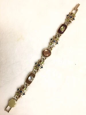 Brazalete Vintage Marrón Verde Esmalte Cristal Azul Panel Dorado LC Liz Claiborne 7" Foto 1 de 4