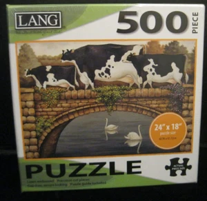 OVER THE BRIDGE COWS BLACK AND WHITE 500 PIECE LANG JIGSAW PUZZLE NEW! C-2 - Picture 1 of 3