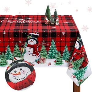 Christmas Tablecloth 60 x 84 Inch Red Black Buffalo Plaid Snowman Table - Picture 1 of 7