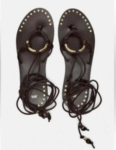 ZARA New Women S24 Flat Leather Sandals With Decorative Details Brown Size 8 - Picture 1 of 10