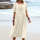 Womens Cotton Linen Dress Lady Maxi Kaftan Gown Casual Loose Sundress Plus Size
