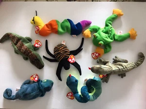 TY 7 Beanie Babies Ally, Hissy, Inch, Rainbow, Scaly, Smoochy & Spinner Lot New! - Picture 1 of 1