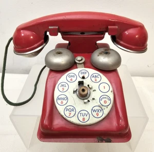 Vintage Speed Dial Rotary Toy Tin Phone By Gong Bell Mfg Bright Red Missing Dial - Picture 1 of 6