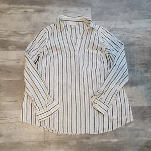 Ingrid & Isabel Linen Blend Maternity S Gray and White Striped Shirt Side Snaps - Picture 1 of 9
