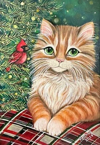 4x6 Original Painting Art Cat Kitten Holiday Cardinal Original Gift Ornament - Picture 1 of 3