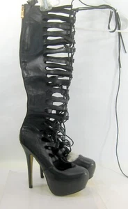 Black 6"High Heel Round Toe 2"platform Gladiator over Knee Boots WOMEN Size 6 - Picture 1 of 8