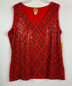 Ruby Rd. Woman Red Tank Top Black Sequin Front Round Neck Sleeveless Size 1X NEW - Picture 1 of 7