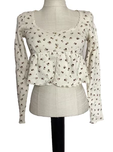 NORDSTROM RK KIRIOUS Ivory Floral Long Sleeve Scoop Neck Waffle Knit Top Sz L - Picture 1 of 7