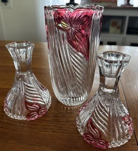 Vtg 6.5" Hand Blown Anna Hutte Florentine Crystal Vase & Candlesticks. Germany - Picture 1 of 11