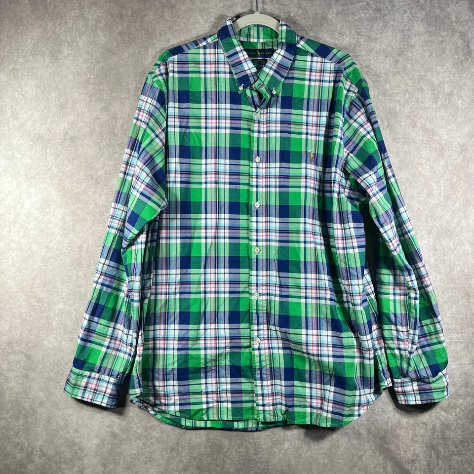 Camisa de Vestir Ralph Lauren Para Hombres 2XL Verde A Cuadros Elastizada Oxford Calce Ajustado Carne Poni Foto 1 de 4