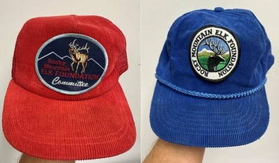 VTG Rocky Mountain Elk Foundation Corduroy Hat Snapback Patch Rope Red Blue RMEF - Image 1 of 4