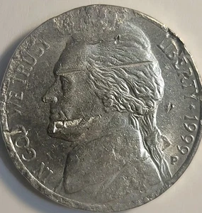 1999-P Jefferson Nickel displays a remarkable combination of errors. - Picture 1 of 10