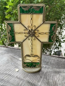 Stained Glass Cross Tea Light Holder Green W/Intricate Brass Details 2003 Target - Picture 1 of 9