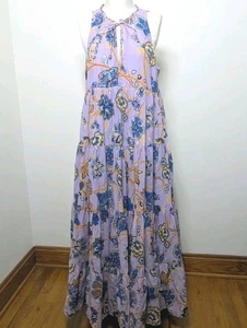 Anthropologie Boho  Maxi Dress XL Lilac Floral Print Tiered Flowy Halter Beach - Picture 1 of 8
