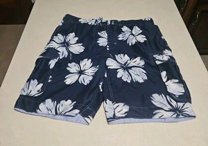 Arizona Men Swim Trunks Size Large L Blue White Floral Drawstring Pockets - Picture 1 of 5