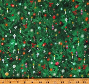 Cotton Christmas Tree Branches Ornaments Jingle Pals Fabric Print BTY D404.23 - Picture 1 of 1