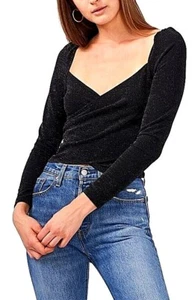1.STATE Women's Shimmer Puffed Crossover Top in Rich Black - Size M - Picture 1 of 12