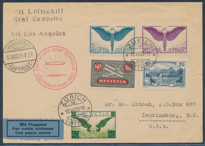 Zeppelin Weltrundfahrt 1929 Zuleitung Schweiz TOP-MiF Brief Los Angeles (S23607) - Bild 1 von 2