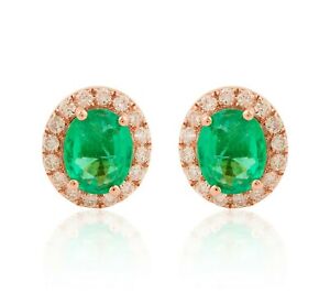 1.41ct Tw Natural Diamond 10K Rose Gold Zambian Emerald Oval Stud Earrings