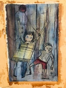 Original signierte OUTSIDER ART, "Kinder im Regensturm" - Bild 1 von 6