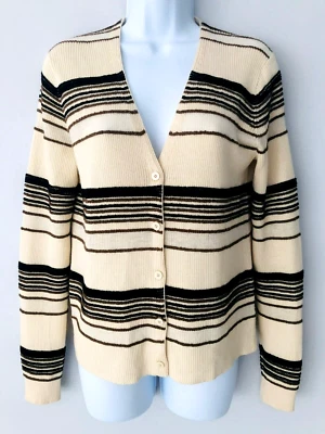 Nice Theory Wool Bland Cardigan Sweater Womens Beige Striped Button Front Knit M - Image 1 of 4