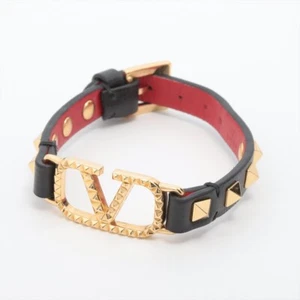 Authentic VALENTINO GARAVANI Rockstuds V Logo Bracelet GP × Leather Gold × Black - Picture 1 of 9