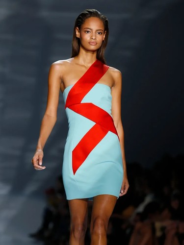 Mini Abito Versace Blu e Rosso Seta Cady S S 2015 Look # 34 38 2